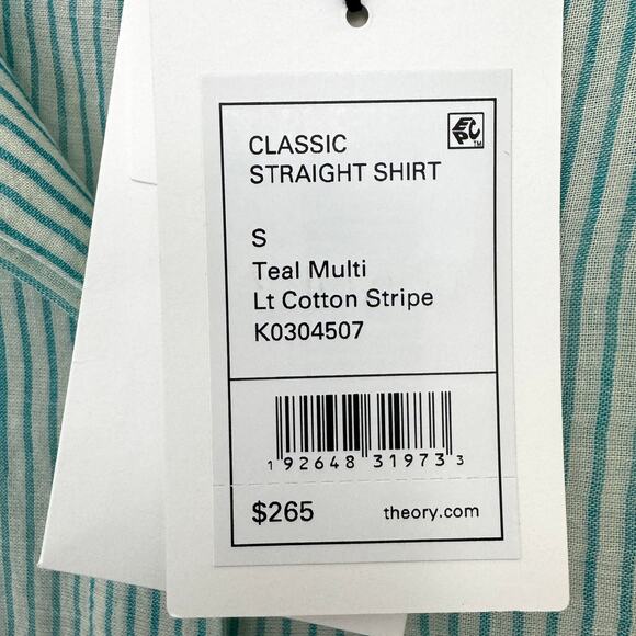 Theory Womens Classic Straight Shirt Size S 100% Organic Cotton Stripe Teal - Picture 3 of 7